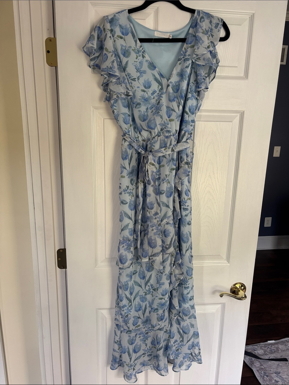 Lush Light Blue Floral Ruffle Maxi Dress
